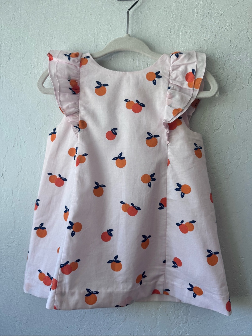 Jacadi Pink Dress with Orange Fruit Print and Navy Leaf Accents
